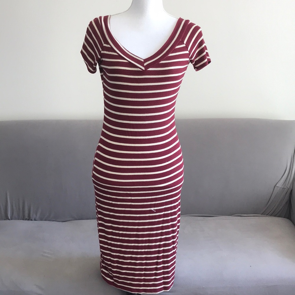 Burgundy and Cream Striped Fitted Stretch Dress